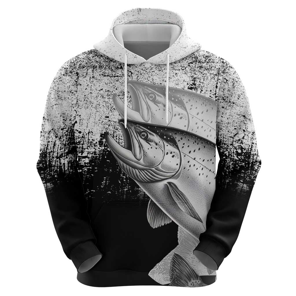 Custom Black and White King Salmon Fishing Zip Hoodie with Trout Fish Design Black and White Grunge Style - Wonder Print Shop