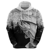 Custom Black and White King Salmon Fishing Zip Hoodie with Trout Fish Design Black and White Grunge Style - Wonder Print Shop