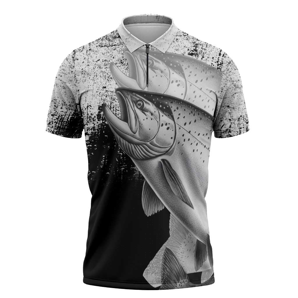 Custom Black and White King Salmon Fishing Zipper Polo Shirt with Trout Fish Design Black and White Grunge Style - Wonder Print Shop