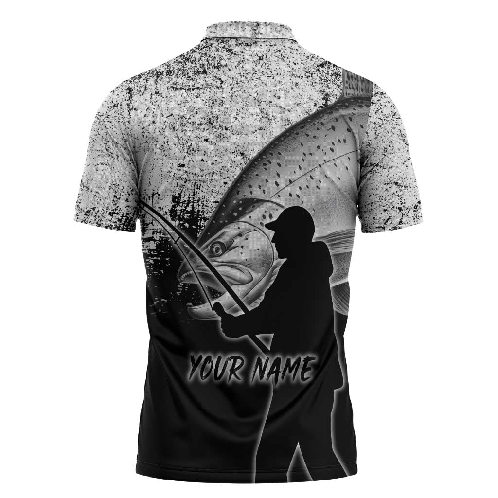 Custom Black and White King Salmon Fishing Zipper Polo Shirt with Trout Fish Design Black and White Grunge Style - Wonder Print Shop