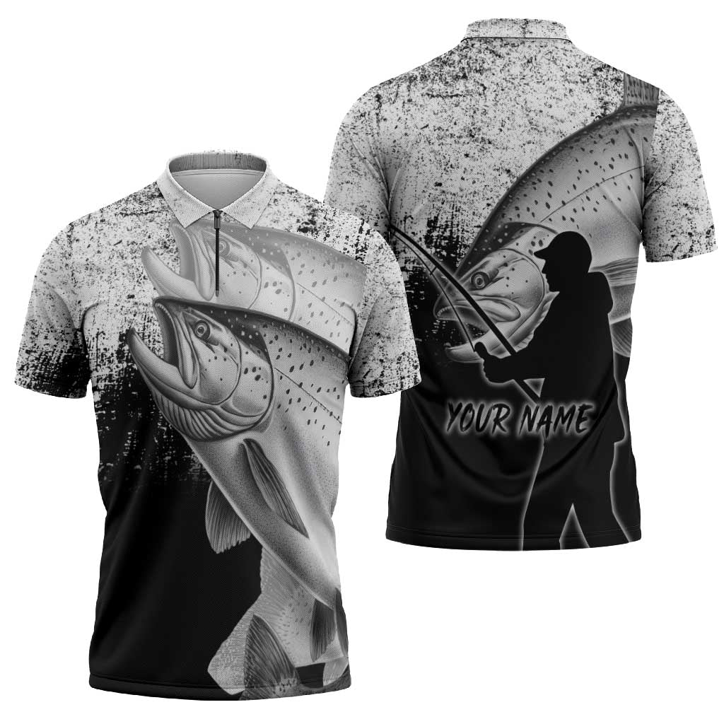 Custom Black and White King Salmon Fishing Zipper Polo Shirt with Trout Fish Design Black and White Grunge Style - Wonder Print Shop
