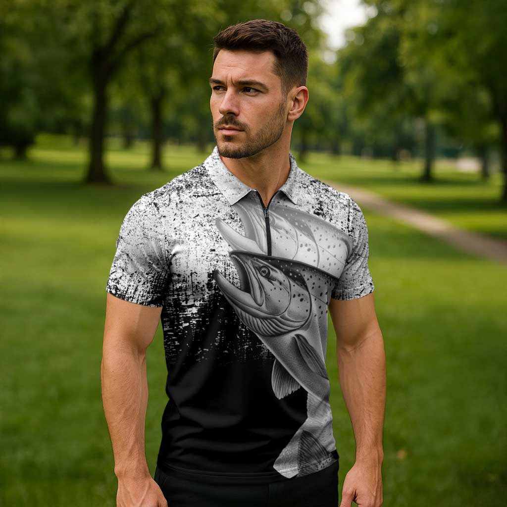 Custom Black and White King Salmon Fishing Zipper Polo Shirt with Trout Fish Design Black and White Grunge Style - Wonder Print Shop