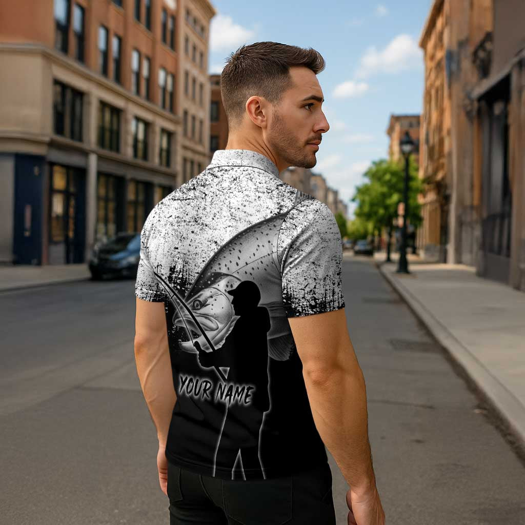 Custom Black and White King Salmon Fishing Zipper Polo Shirt with Trout Fish Design Black and White Grunge Style - Wonder Print Shop