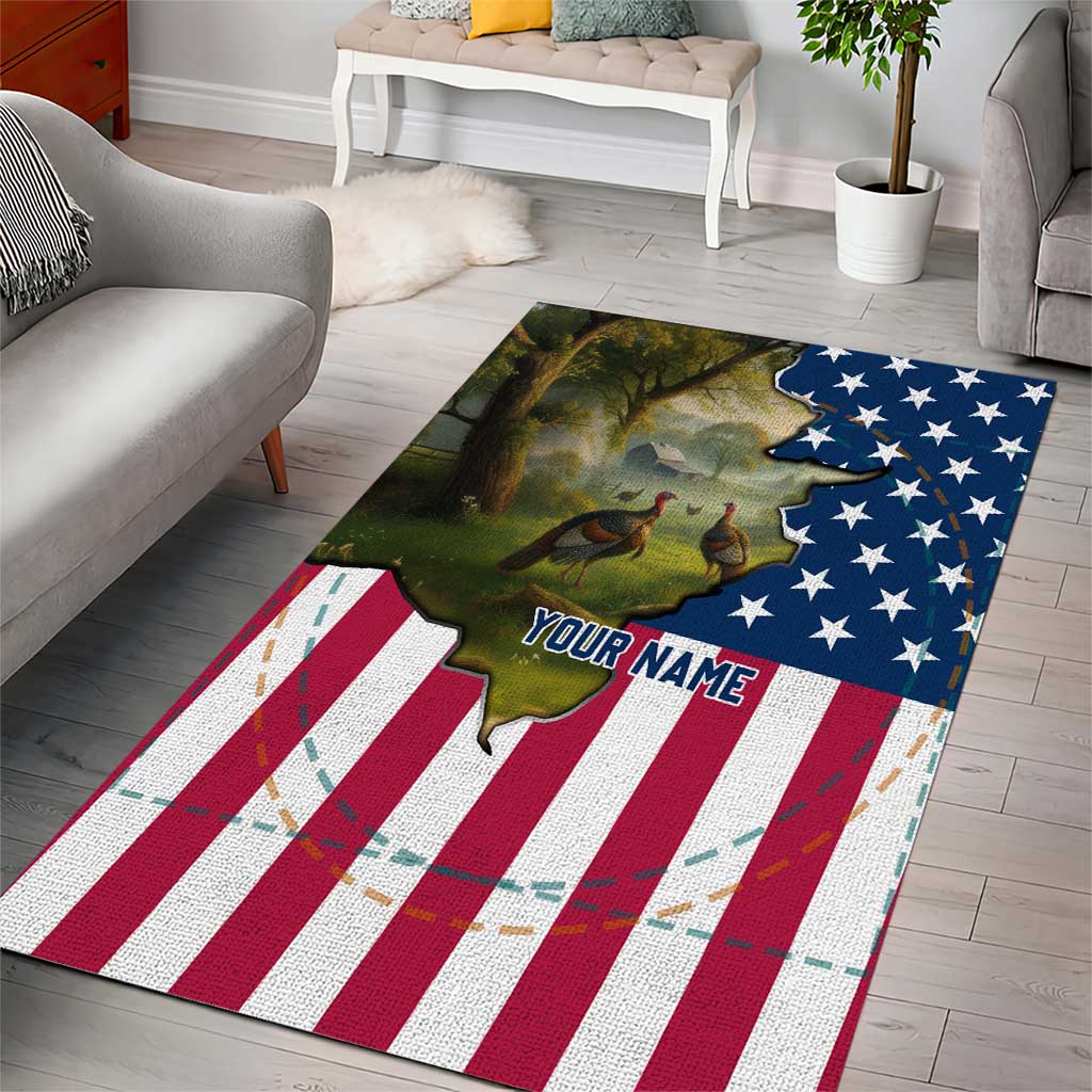Custom American Flag Turkey Hunting Area Rug with Illinois State Outline Country Farm Scene - Wonder Print Shop