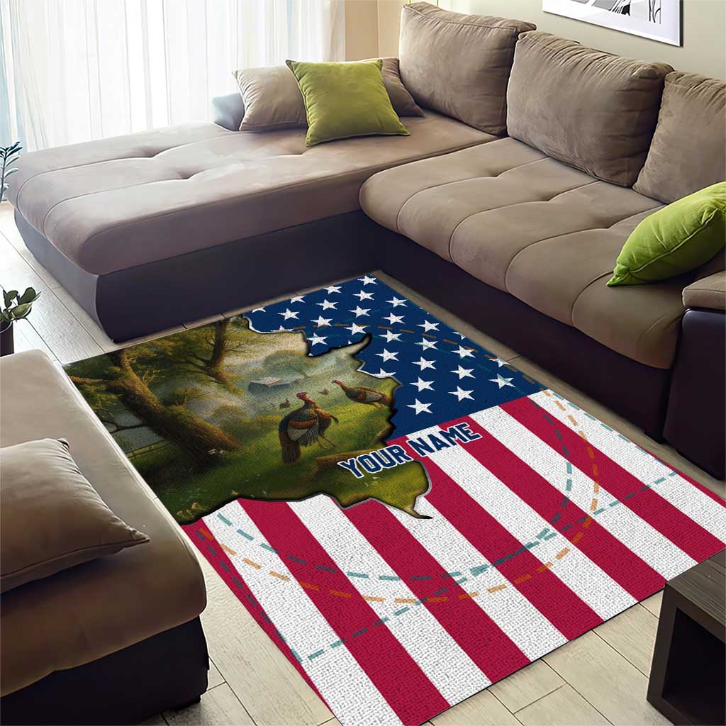 Custom American Flag Turkey Hunting Area Rug with Illinois State Outline Country Farm Scene - Wonder Print Shop