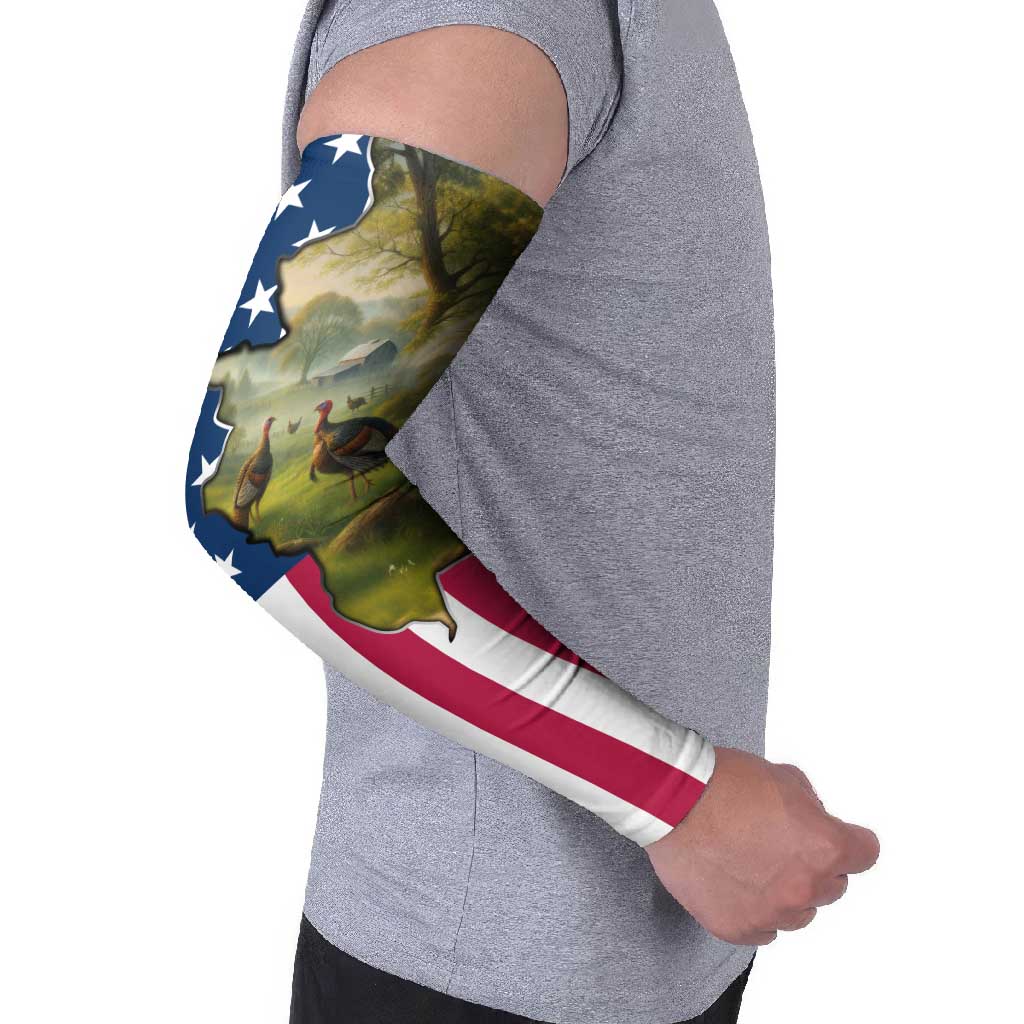 Custom American Flag Turkey Hunting Arm Sleeves with Illinois State Outline Country Farm Scene - Wonder Print Shop