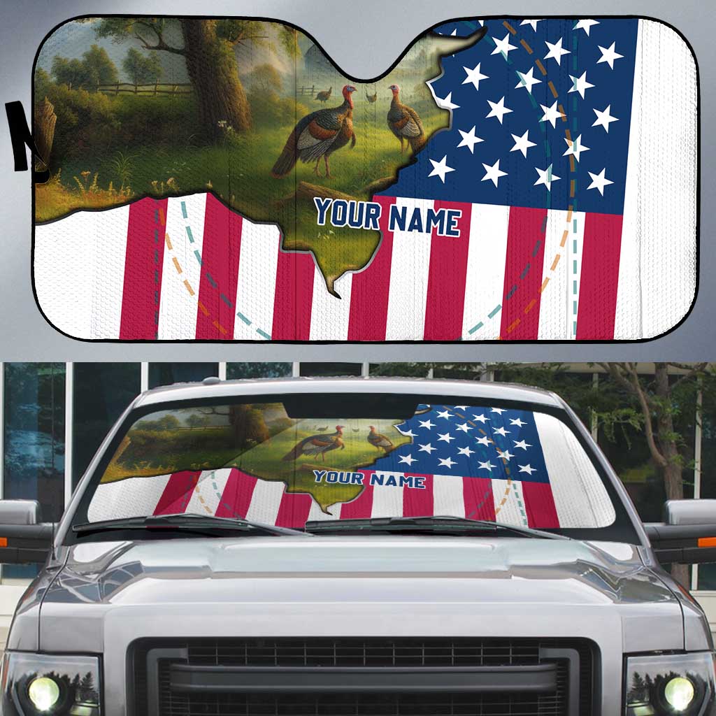 Custom American Flag Turkey Hunting Auto Sun Shade with Illinois State Outline Country Farm Scene - Wonder Print Shop