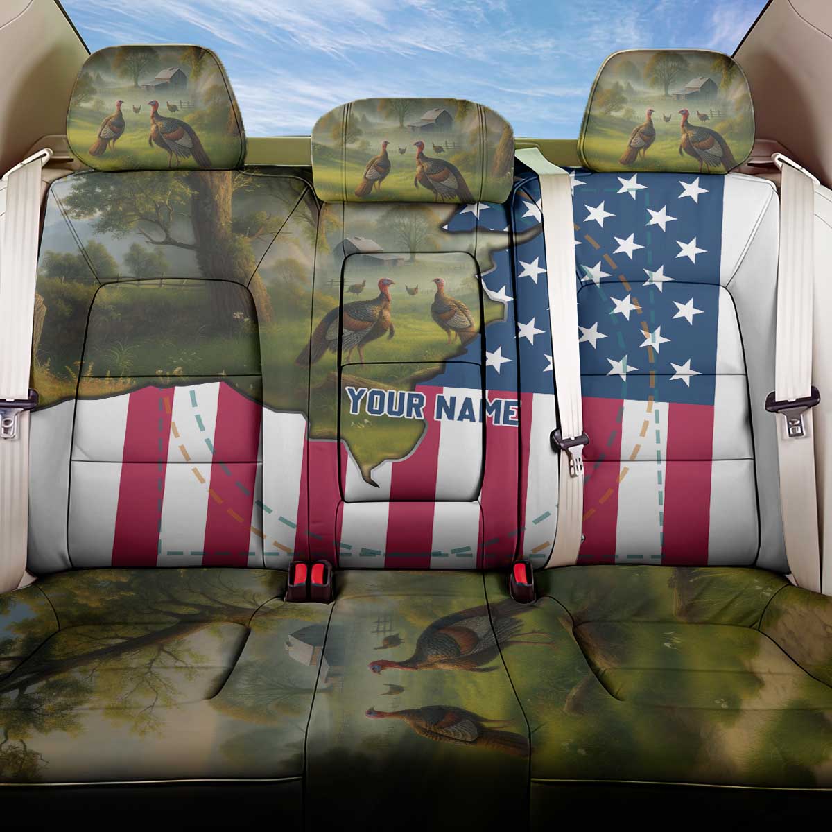 Custom American Flag Turkey Hunting Back Car Seat Cover with Illinois State Outline Country Farm Scene - Wonder Print Shop