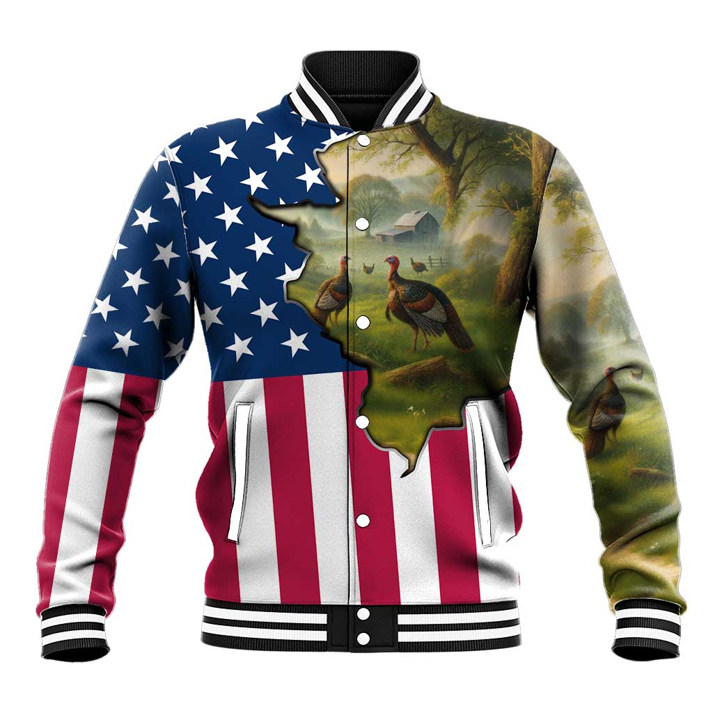 Custom American Flag Turkey Hunting Baseball Jacket with Illinois State Outline Country Farm Scene - Wonder Print Shop