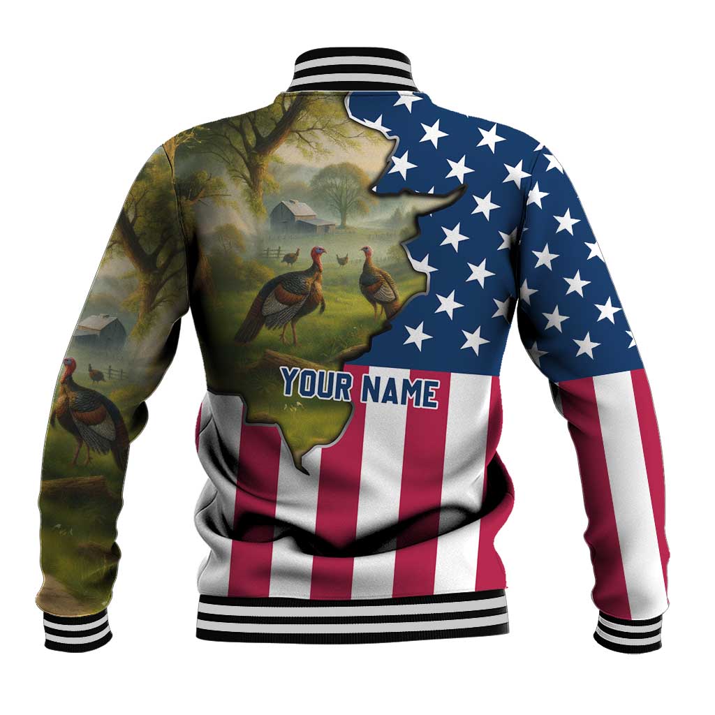 Custom American Flag Turkey Hunting Baseball Jacket with Illinois State Outline Country Farm Scene - Wonder Print Shop