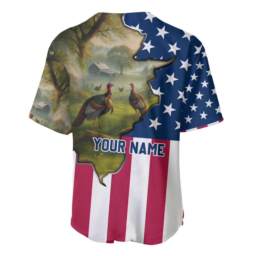 Custom American Flag Turkey Hunting Baseball Jersey with Illinois State Outline Country Farm Scene - Wonder Print Shop
