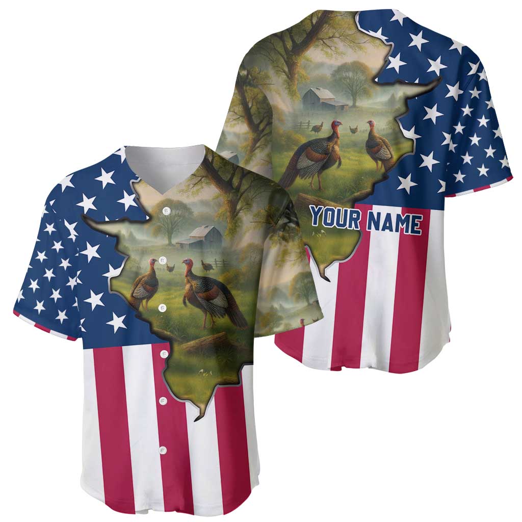 Custom American Flag Turkey Hunting Baseball Jersey with Illinois State Outline Country Farm Scene - Wonder Print Shop