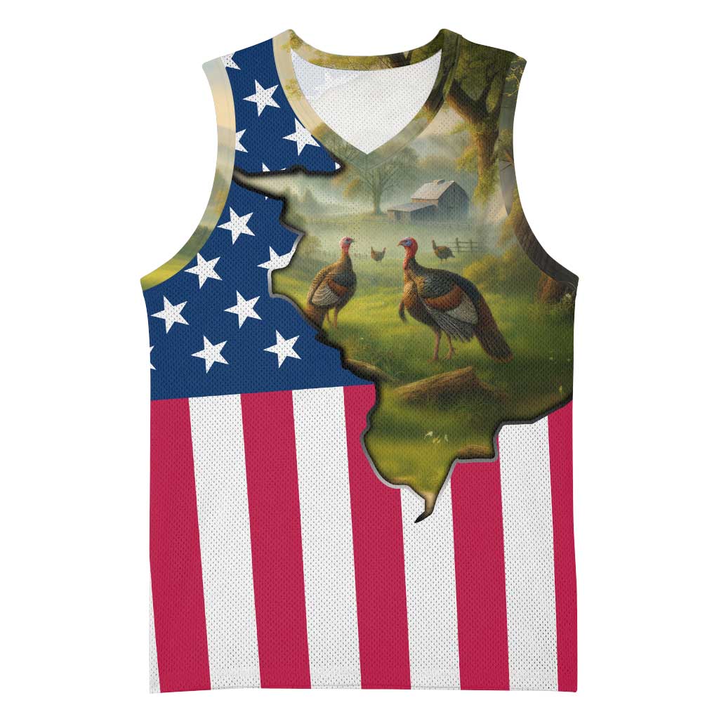 Custom American Flag Turkey Hunting Basketball Jersey with Illinois State Outline Country Farm Scene - Wonder Print Shop
