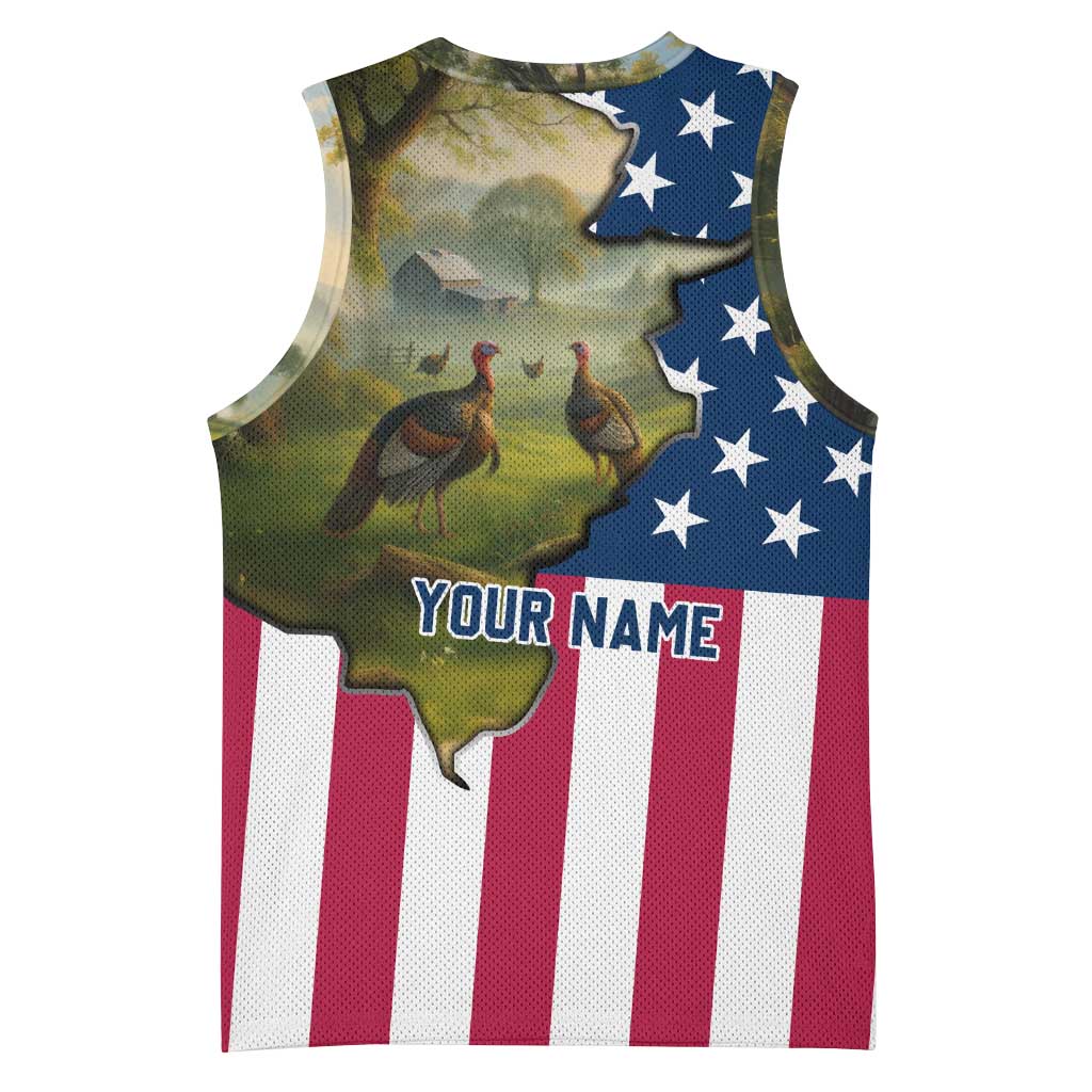 Custom American Flag Turkey Hunting Basketball Jersey with Illinois State Outline Country Farm Scene - Wonder Print Shop