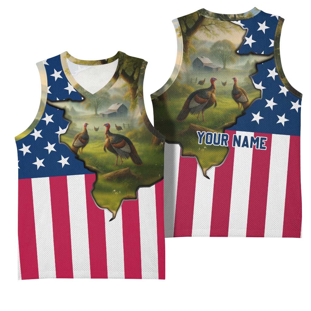 Custom American Flag Turkey Hunting Basketball Jersey with Illinois State Outline Country Farm Scene - Wonder Print Shop