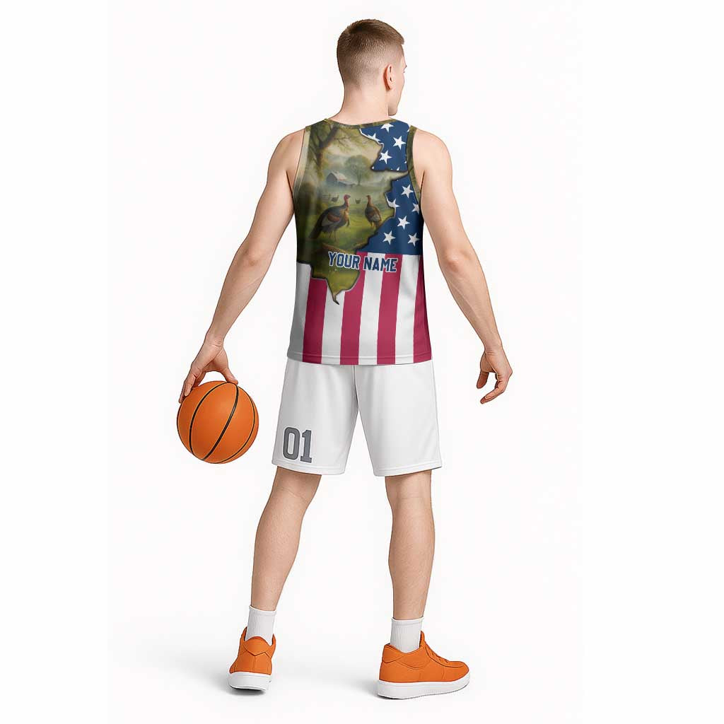 Custom American Flag Turkey Hunting Basketball Jersey with Illinois State Outline Country Farm Scene - Wonder Print Shop