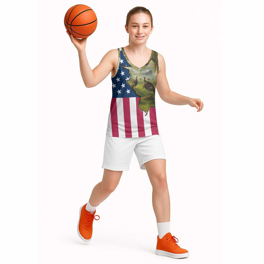 Custom American Flag Turkey Hunting Basketball Jersey with Illinois State Outline Country Farm Scene - Wonder Print Shop