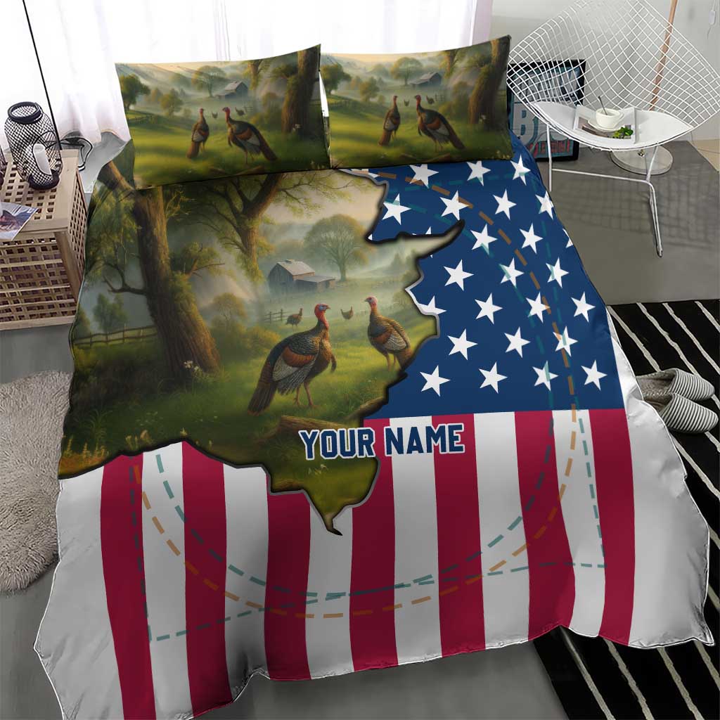 Custom American Flag Turkey Hunting Bedding Set with Illinois State Outline Country Farm Scene - Wonder Print Shop