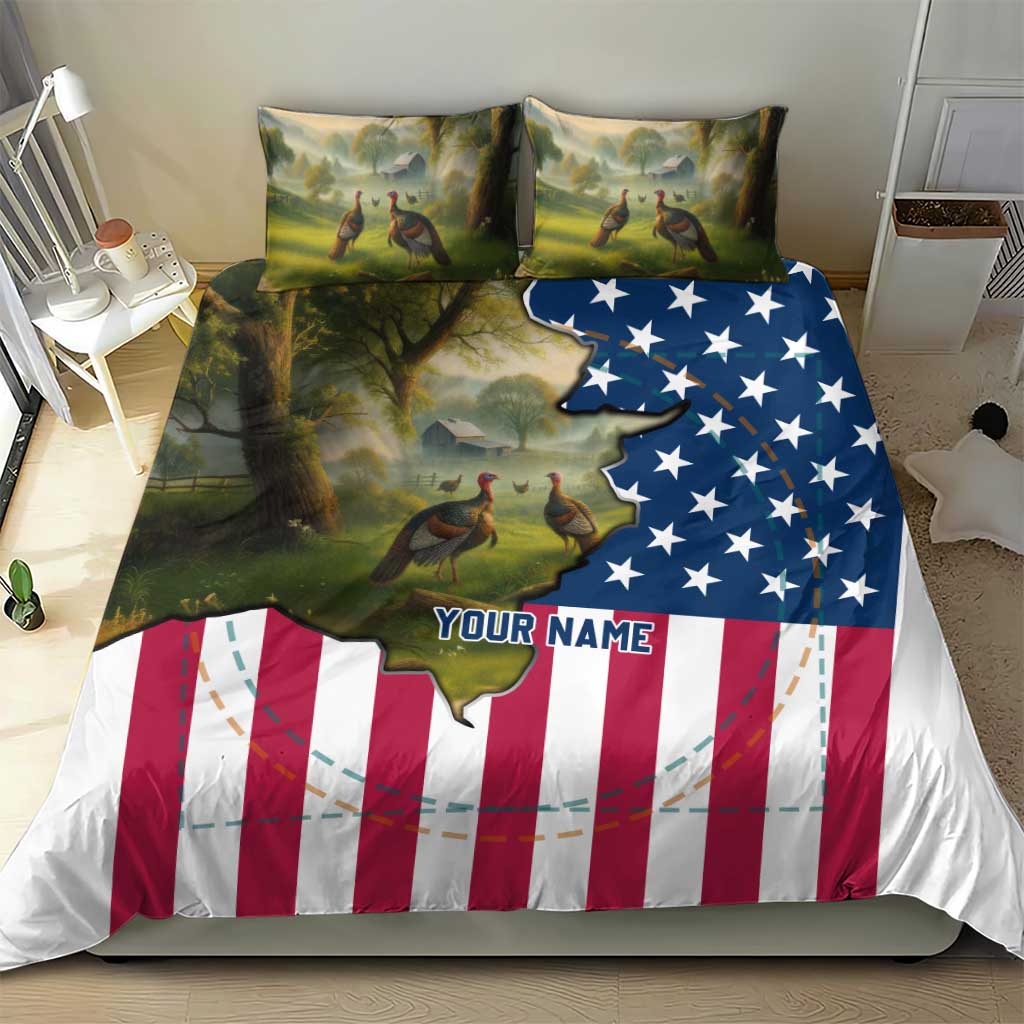 Custom American Flag Turkey Hunting Bedding Set with Illinois State Outline Country Farm Scene - Wonder Print Shop