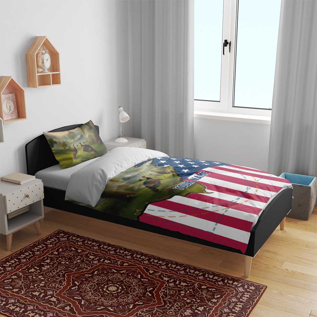 Custom American Flag Turkey Hunting Bedding Set with Illinois State Outline Country Farm Scene - Wonder Print Shop