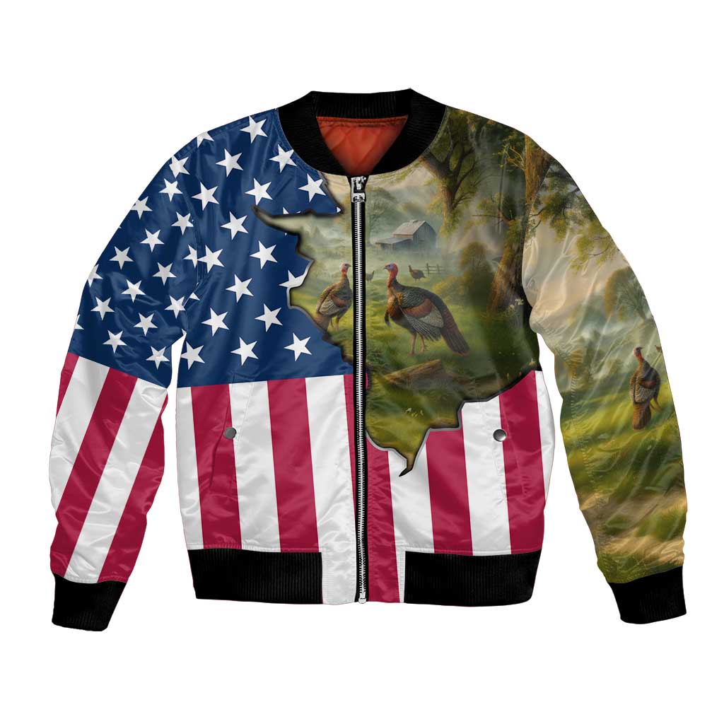 Custom American Flag Turkey Hunting Bomber Jacket with Illinois State Outline Country Farm Scene - Wonder Print Shop