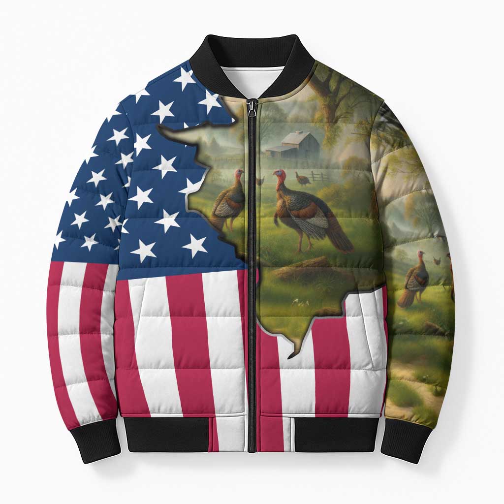 Custom American Flag Turkey Hunting Bomber Puffer Jacket with Illinois State Outline Country Farm Scene - Wonder Print Shop