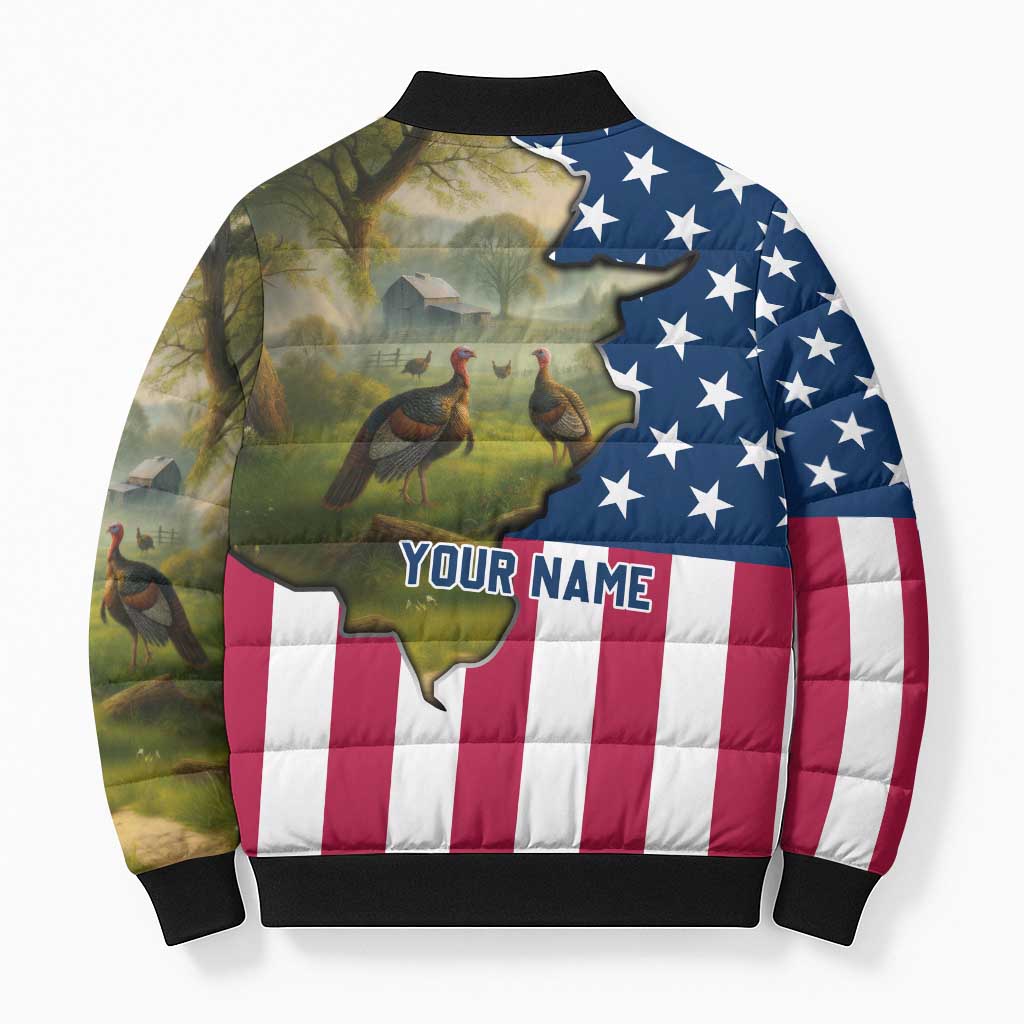 Custom American Flag Turkey Hunting Bomber Puffer Jacket with Illinois State Outline Country Farm Scene - Wonder Print Shop