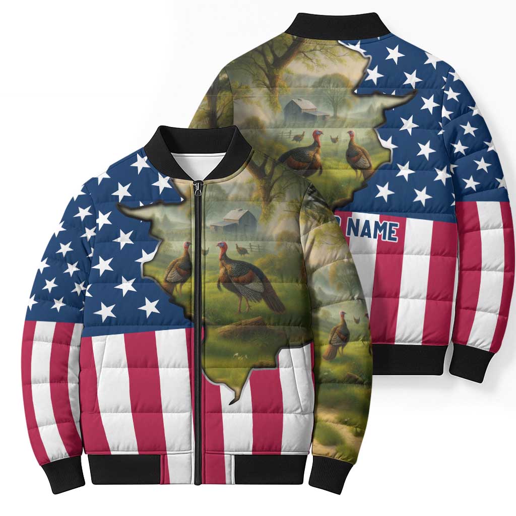 Custom American Flag Turkey Hunting Bomber Puffer Jacket with Illinois State Outline Country Farm Scene - Wonder Print Shop