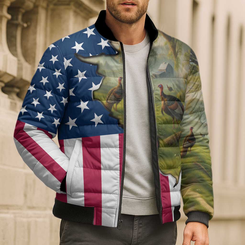 Custom American Flag Turkey Hunting Bomber Puffer Jacket with Illinois State Outline Country Farm Scene - Wonder Print Shop