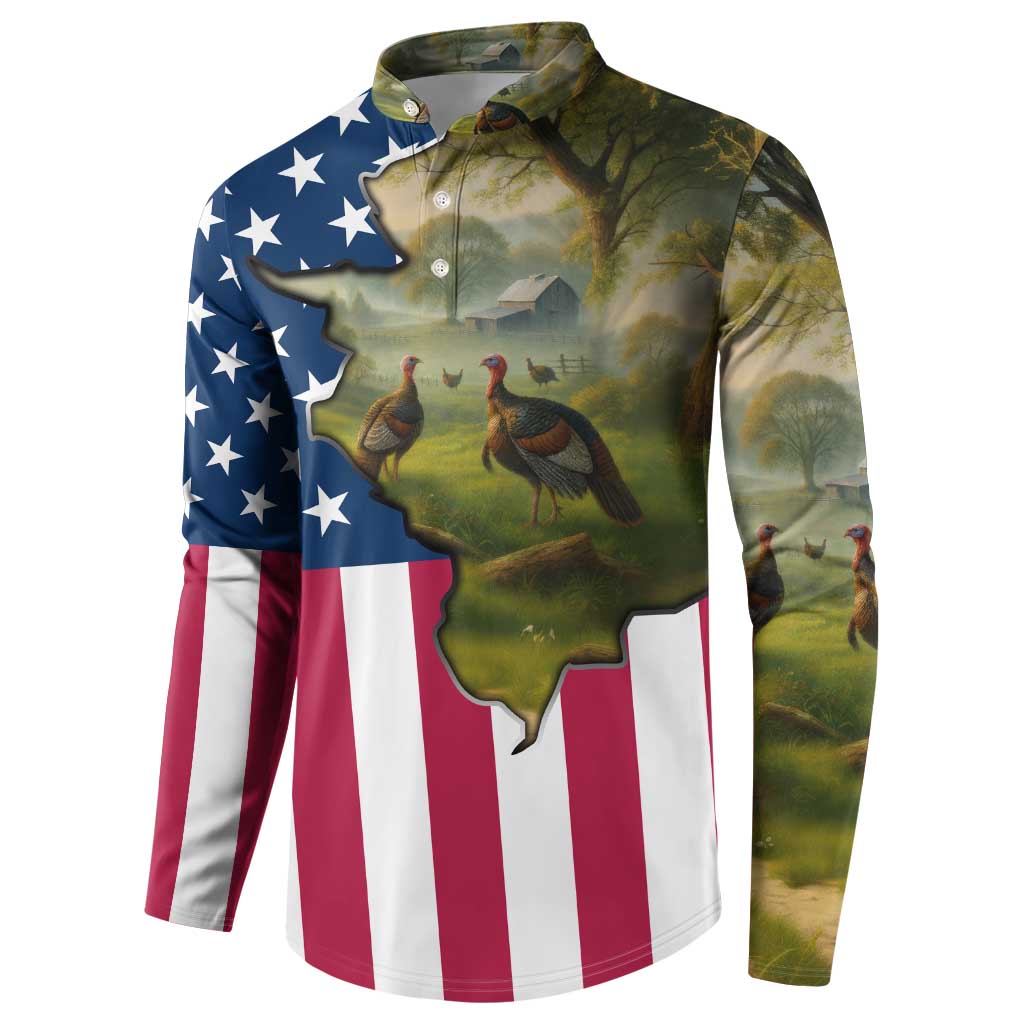 Custom American Flag Turkey Hunting Button Sweatshirt with Illinois State Outline Country Farm Scene - Wonder Print Shop