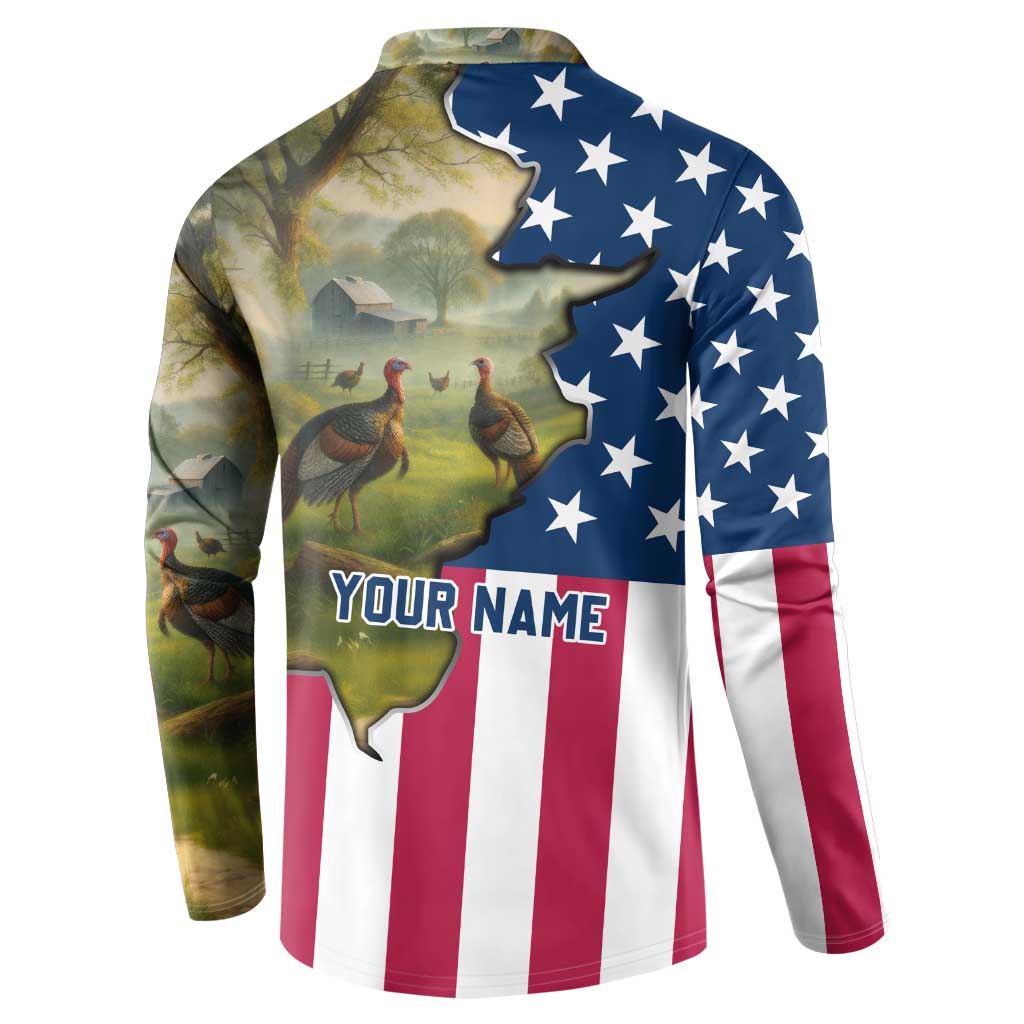 Custom American Flag Turkey Hunting Button Sweatshirt with Illinois State Outline Country Farm Scene - Wonder Print Shop