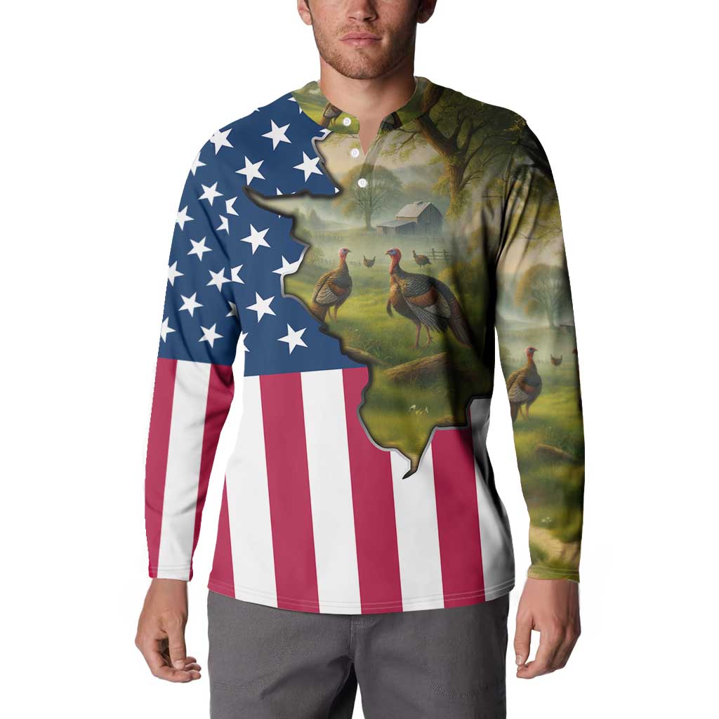 Custom American Flag Turkey Hunting Button Sweatshirt with Illinois State Outline Country Farm Scene - Wonder Print Shop