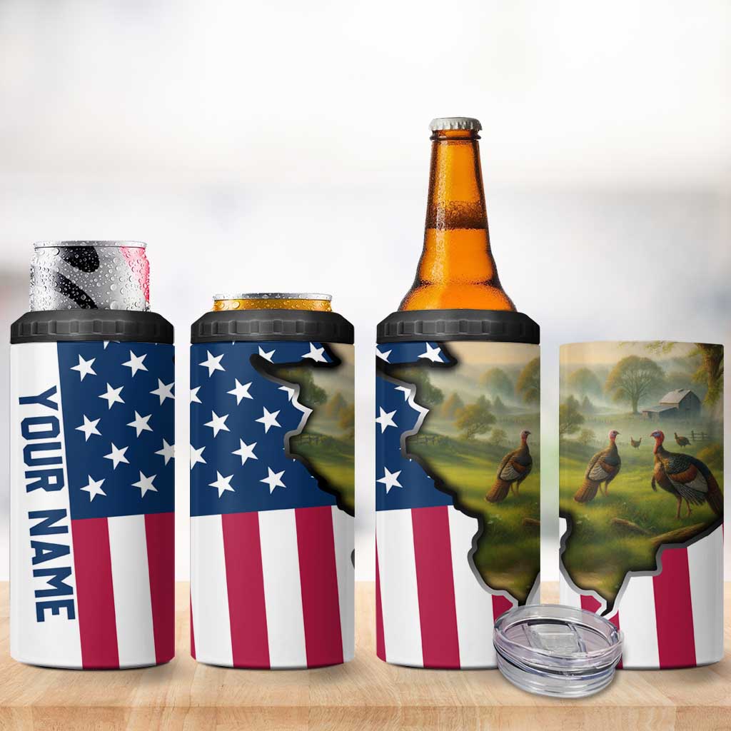 Custom American Flag Turkey Hunting 4 in 1 Can Cooler Tumbler with Illinois State Outline Country Farm Scene - Wonder Print Shop