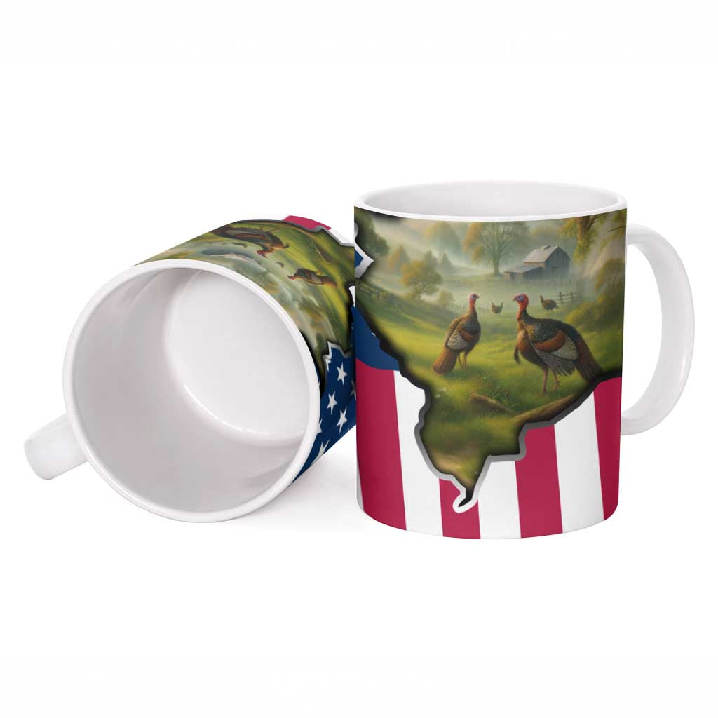Custom American Flag Turkey Hunting Ceramic Mug with Illinois State Outline Country Farm Scene - Wonder Print Shop