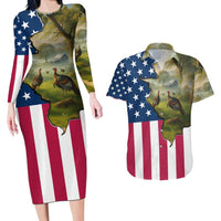Custom American Flag Turkey Hunting Couples Matching Long Sleeve Bodycon Dress and Hawaiian Shirt with Illinois State Outline Country Farm Scene - Wonder Print Shop