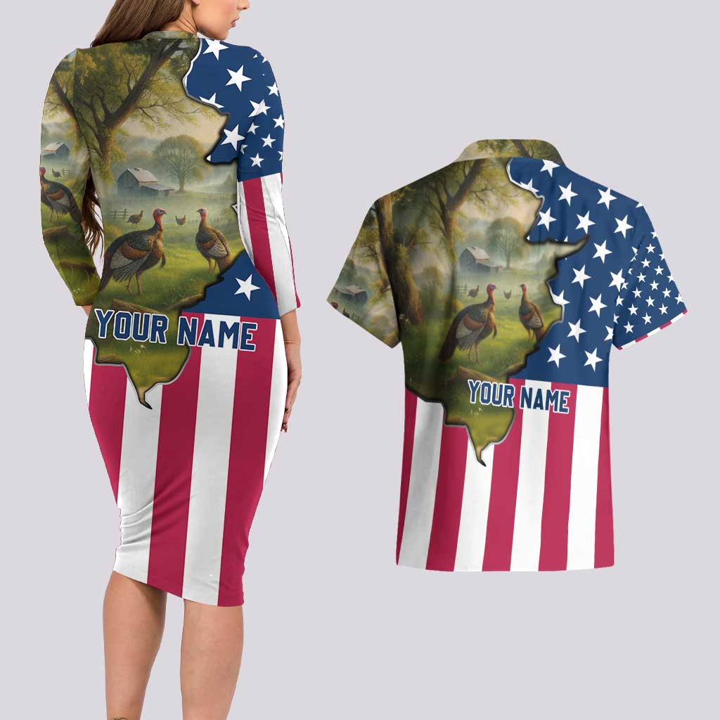 Custom American Flag Turkey Hunting Couples Matching Long Sleeve Bodycon Dress and Hawaiian Shirt with Illinois State Outline Country Farm Scene - Wonder Print Shop