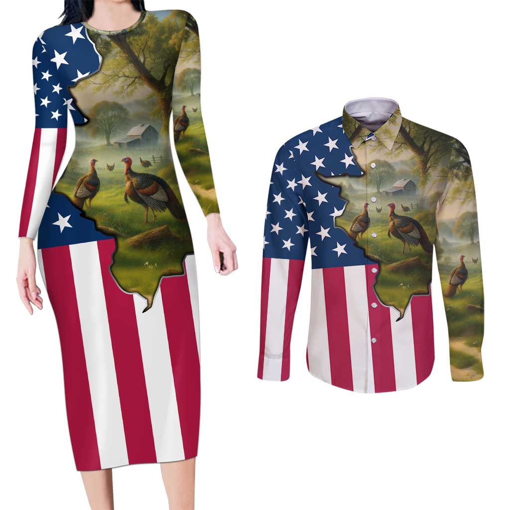 Custom American Flag Turkey Hunting Couples Matching Long Sleeve Bodycon Dress and Long Sleeve Button Shirt with Illinois State Outline Country Farm Scene - Wonder Print Shop