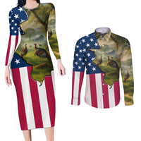 Custom American Flag Turkey Hunting Couples Matching Long Sleeve Bodycon Dress and Long Sleeve Button Shirt with Illinois State Outline Country Farm Scene - Wonder Print Shop