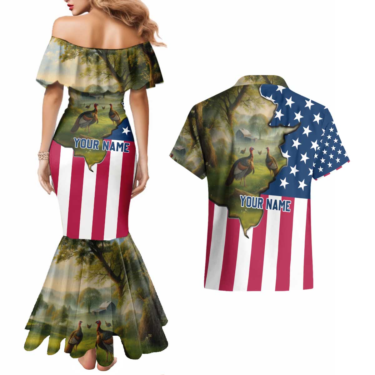 Custom American Flag Turkey Hunting Couples Matching Mermaid Dress and Hawaiian Shirt with Illinois State Outline Country Farm Scene - Wonder Print Shop