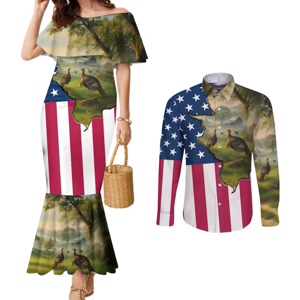 Custom American Flag Turkey Hunting Couples Matching Mermaid Dress and Long Sleeve Button Shirt with Illinois State Outline Country Farm Scene - Wonder Print Shop