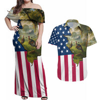 Custom American Flag Turkey Hunting Couples Matching Off Shoulder Maxi Dress and Hawaiian Shirt with Illinois State Outline Country Farm Scene - Wonder Print Shop