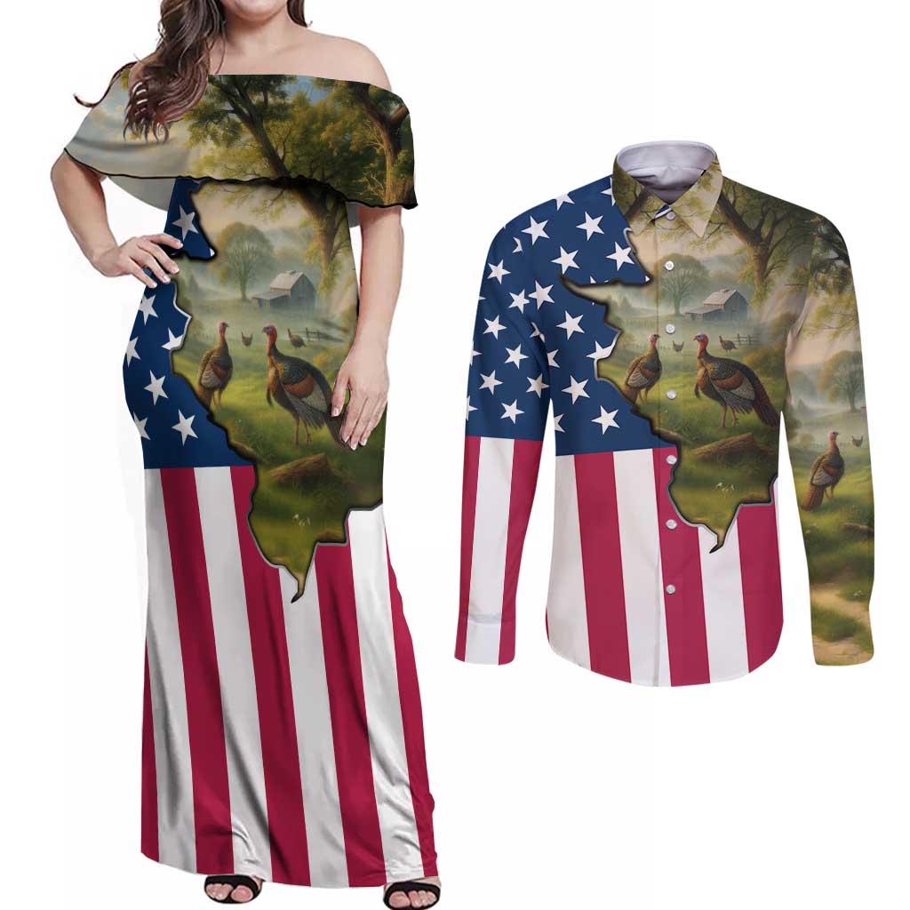 Custom American Flag Turkey Hunting Couples Matching Off Shoulder Maxi Dress and Long Sleeve Button Shirt with Illinois State Outline Country Farm Scene - Wonder Print Shop
