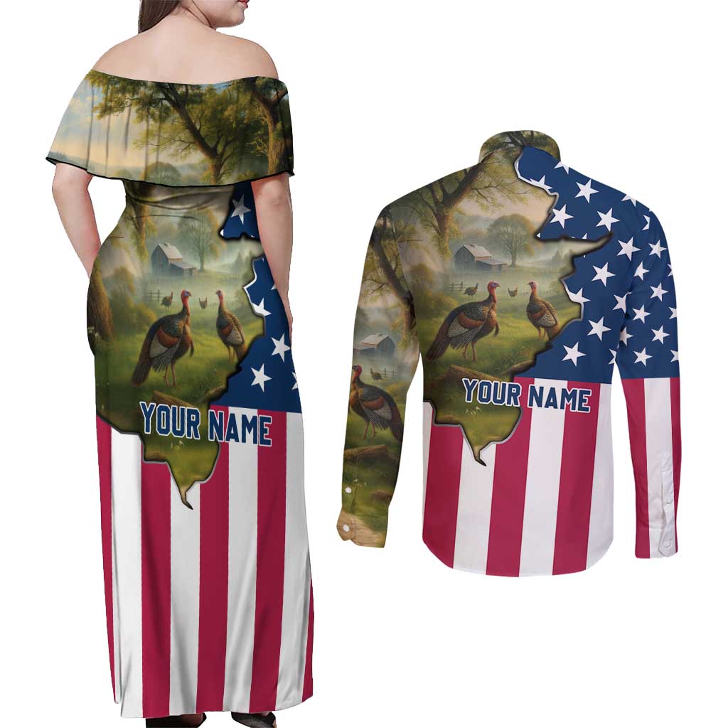Custom American Flag Turkey Hunting Couples Matching Off Shoulder Maxi Dress and Long Sleeve Button Shirt with Illinois State Outline Country Farm Scene - Wonder Print Shop