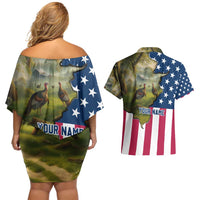 Custom American Flag Turkey Hunting Couples Matching Off Shoulder Short Dress and Hawaiian Shirt with Illinois State Outline Country Farm Scene - Wonder Print Shop