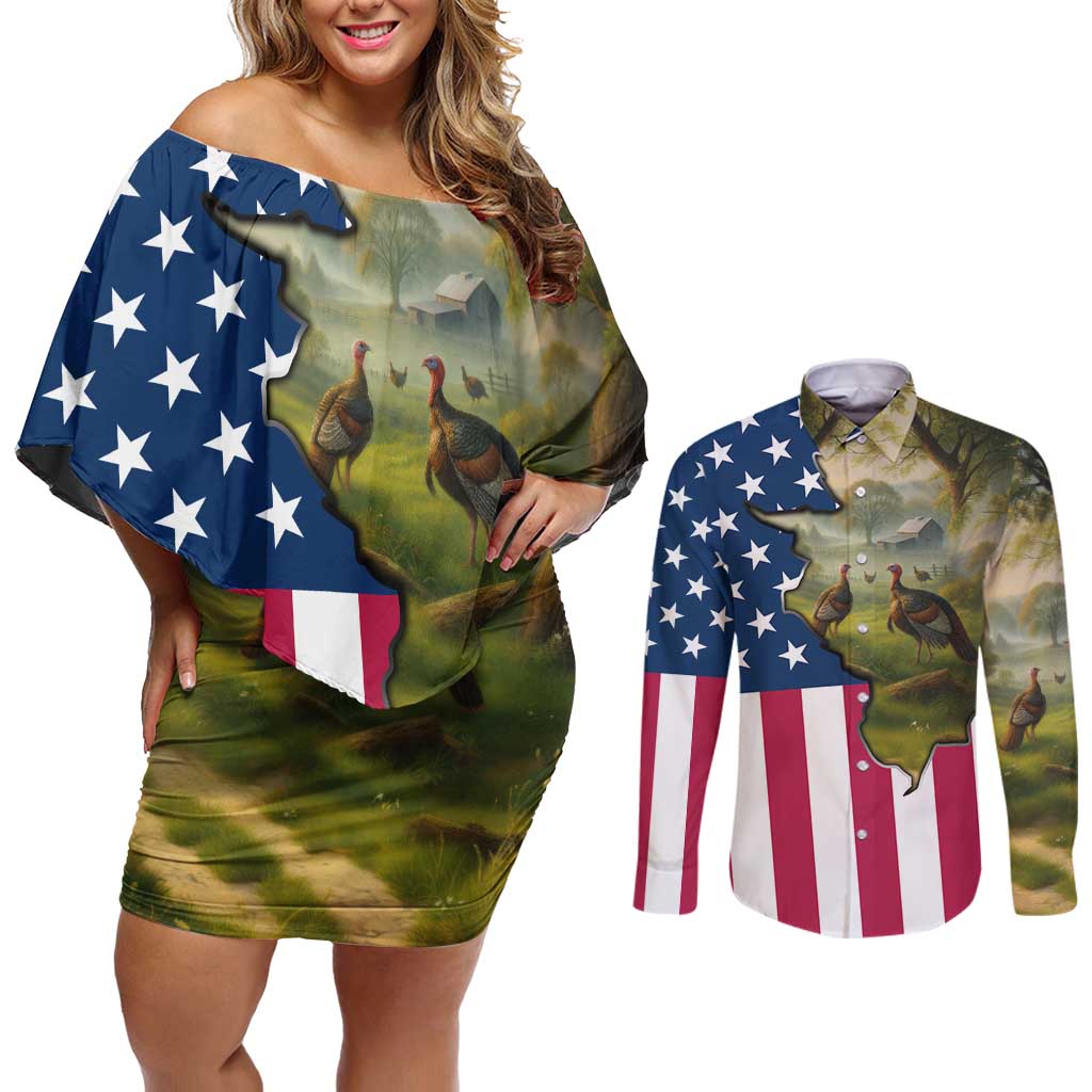 Custom American Flag Turkey Hunting Couples Matching Off Shoulder Short Dress and Long Sleeve Button Shirt with Illinois State Outline Country Farm Scene - Wonder Print Shop