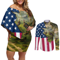 Custom American Flag Turkey Hunting Couples Matching Off Shoulder Short Dress and Long Sleeve Button Shirt with Illinois State Outline Country Farm Scene - Wonder Print Shop