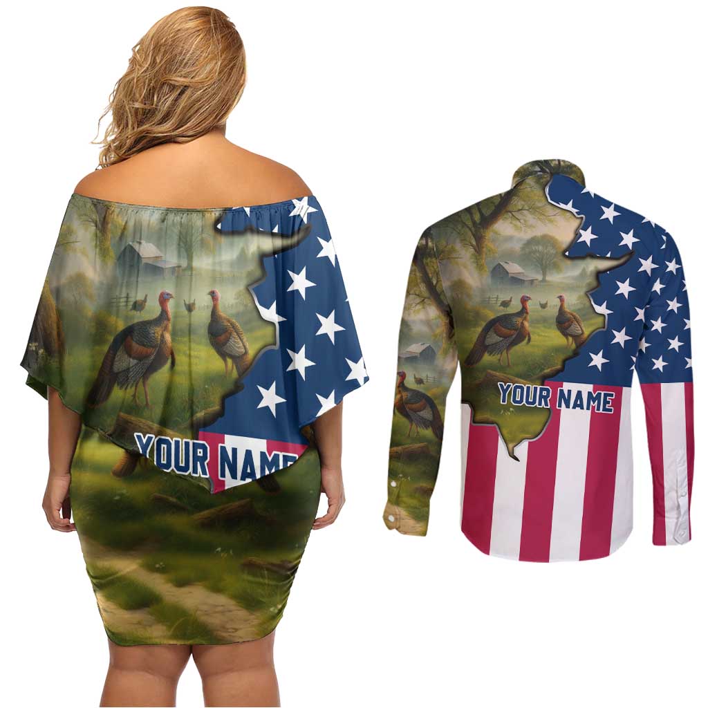 Custom American Flag Turkey Hunting Couples Matching Off Shoulder Short Dress and Long Sleeve Button Shirt with Illinois State Outline Country Farm Scene - Wonder Print Shop