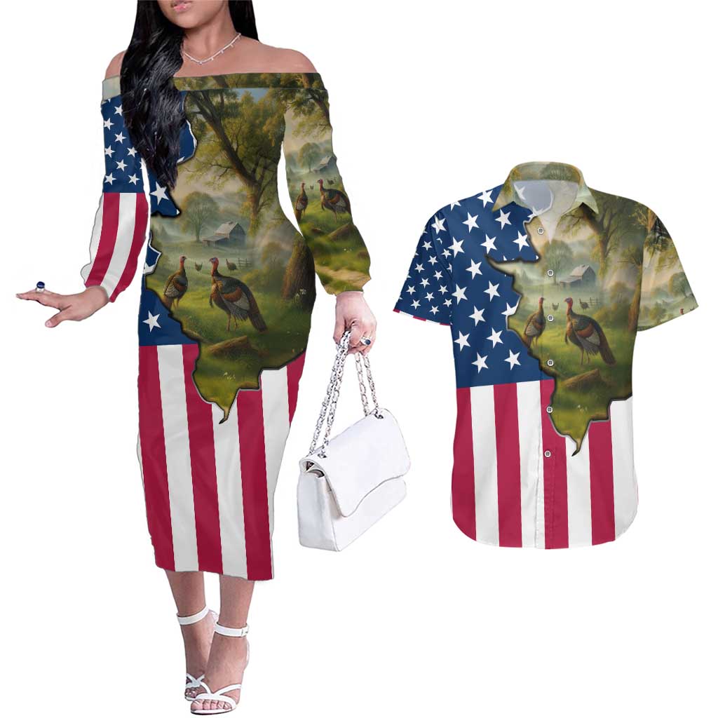 Custom American Flag Turkey Hunting Couples Matching Off The Shoulder Long Sleeve Dress and Hawaiian Shirt with Illinois State Outline Country Farm Scene - Wonder Print Shop