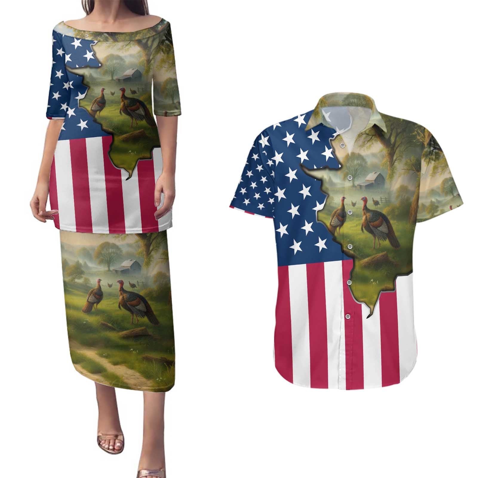 Custom American Flag Turkey Hunting Couples Matching Puletasi and Hawaiian Shirt with Illinois State Outline Country Farm Scene - Wonder Print Shop