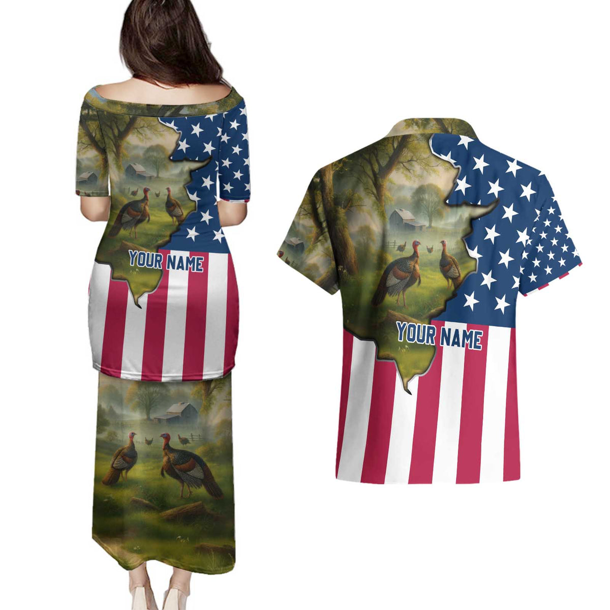 Custom American Flag Turkey Hunting Couples Matching Puletasi and Hawaiian Shirt with Illinois State Outline Country Farm Scene - Wonder Print Shop